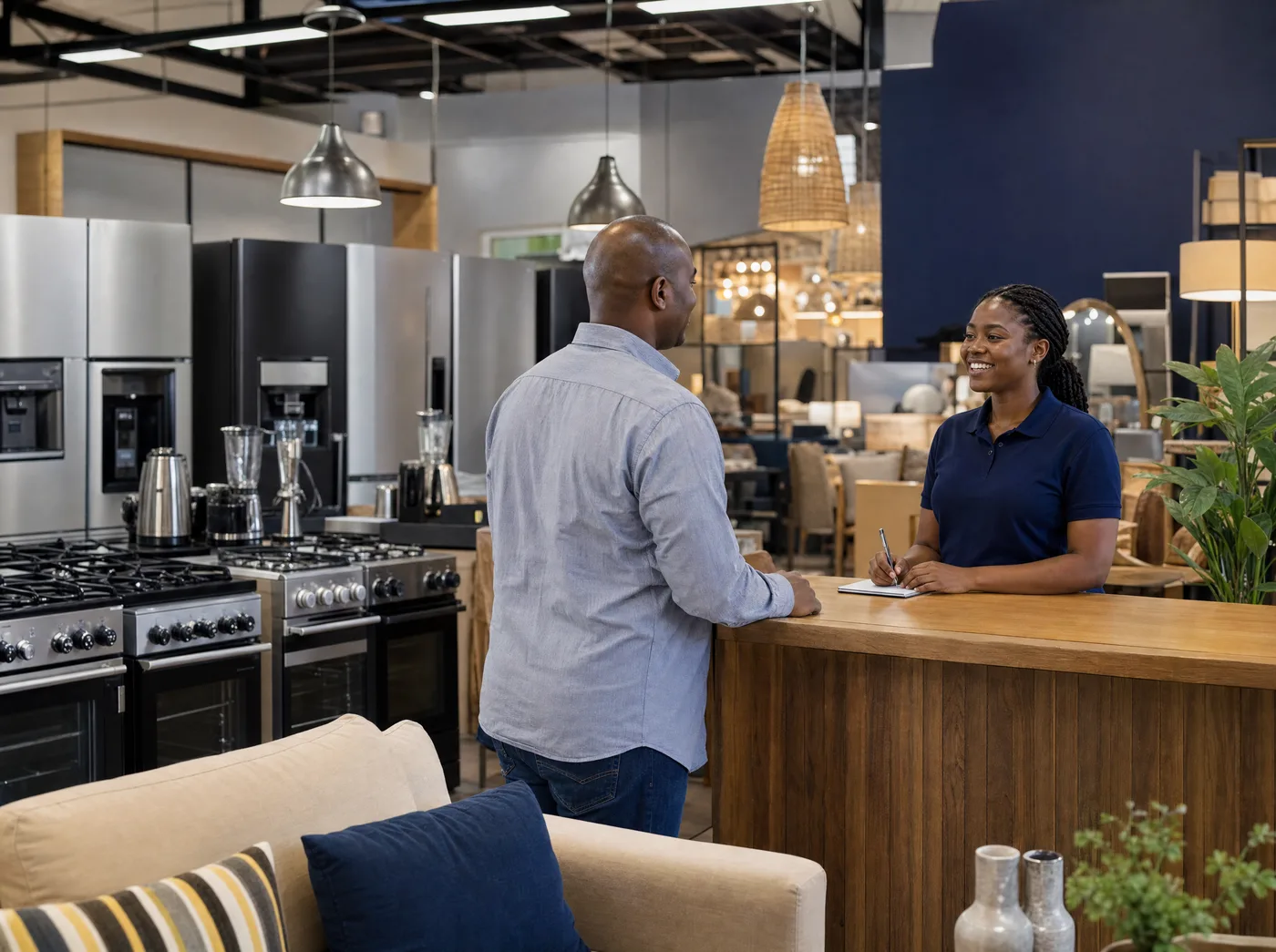 Sky Legacy showroom with appliances and furniture, staff member assisting a customer
